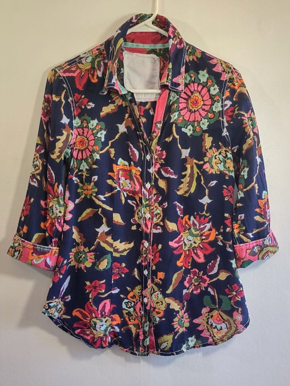 CINO Indigo Blue Floral Shirt Size XSmall Button Up Boho Preppy Rustic Romance - Picture 2 of 8